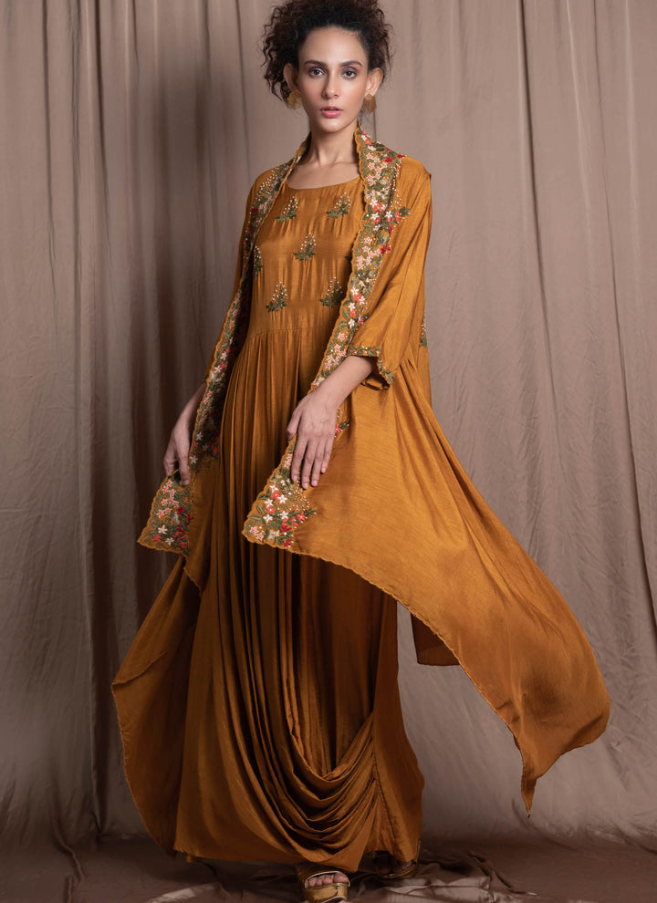 Mustard Cowl Drape Dress With Jacket Front