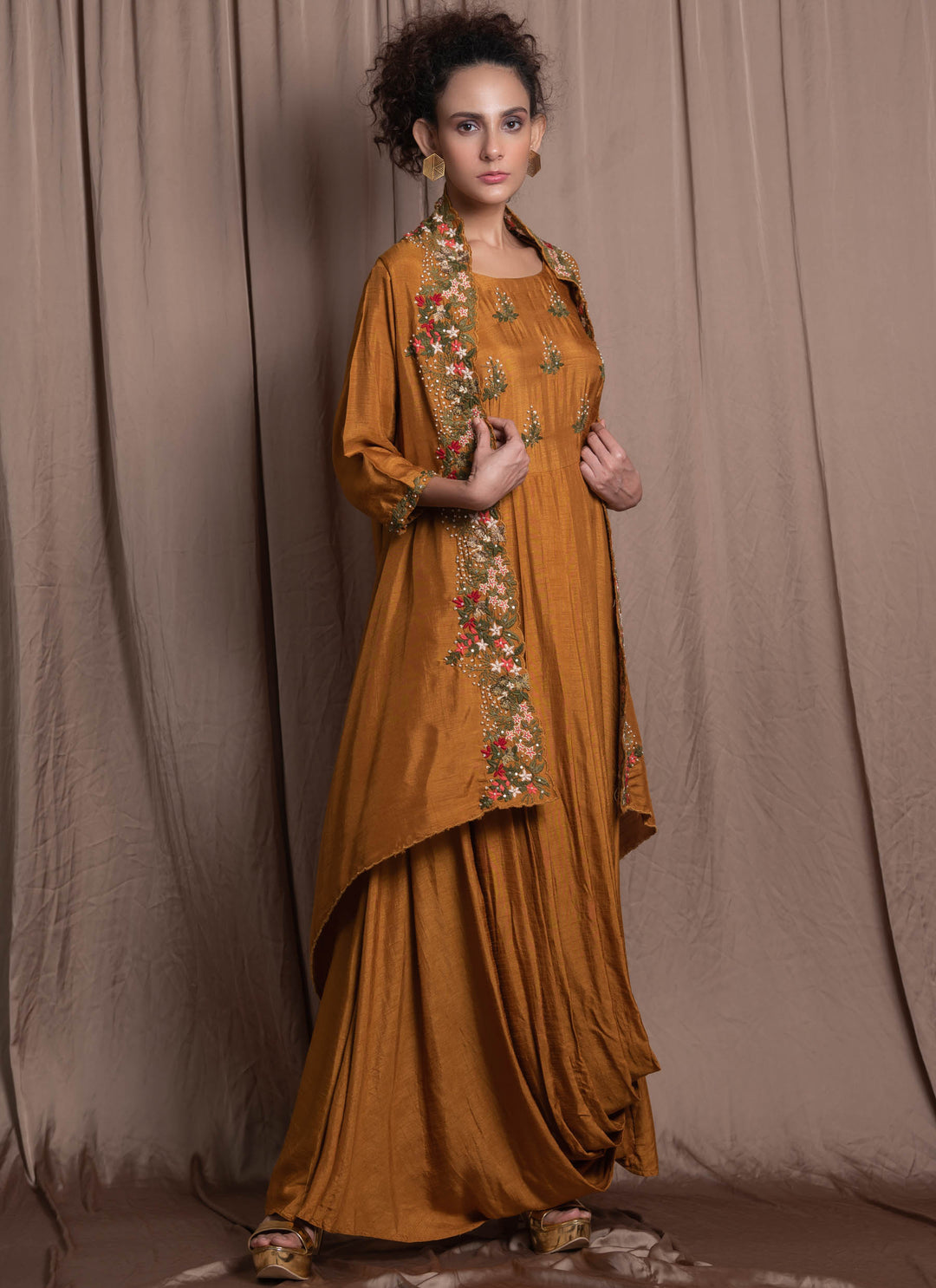 Mustard Cowl Drape Dress With Jacket Side