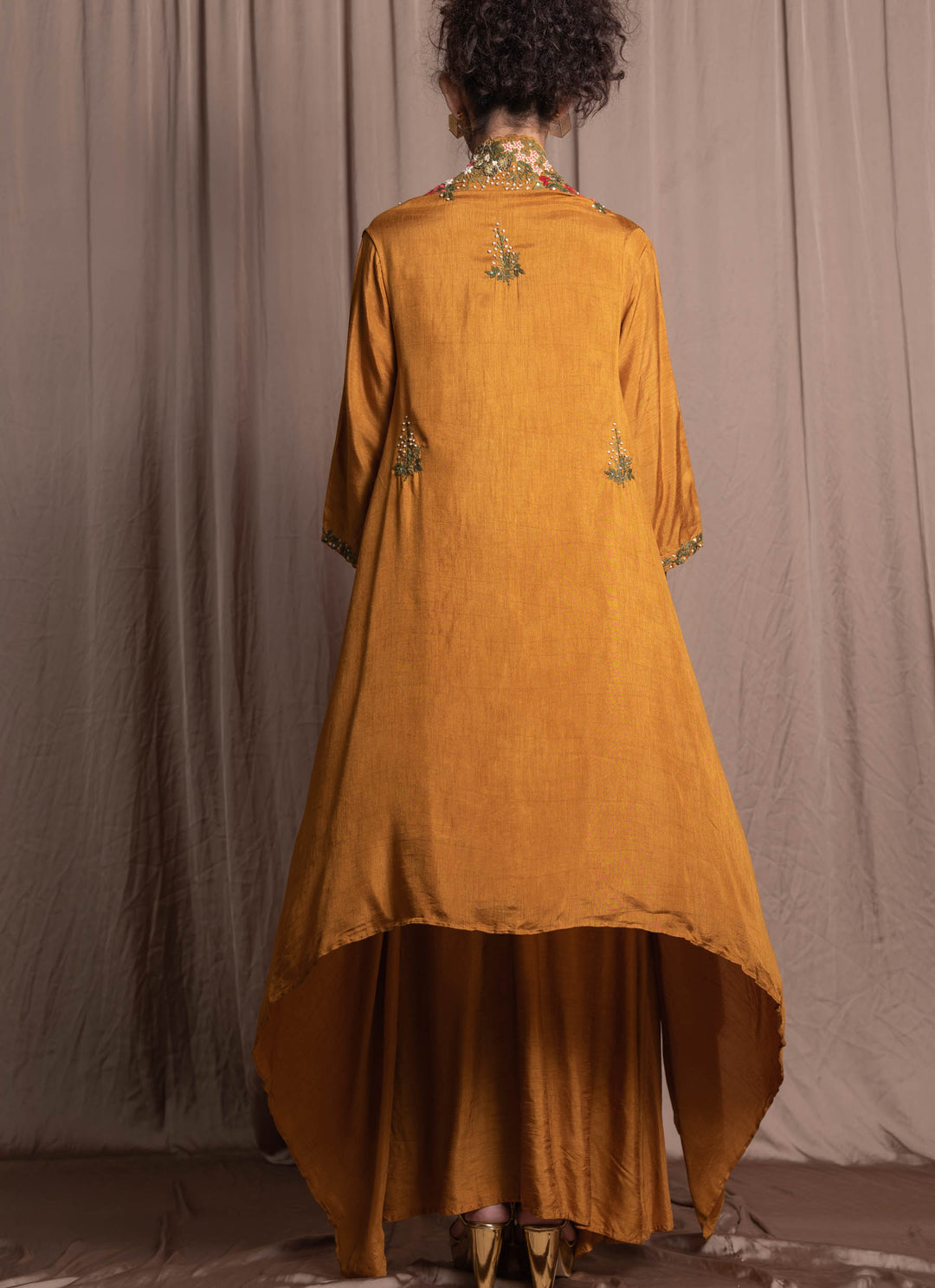 Mustard Cowl Drape Dress With Jacket Back
