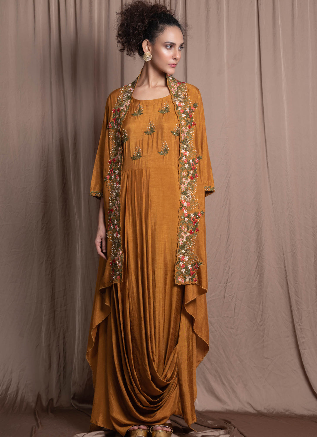 Mustard Cowl Drape Dress With Jacket Full