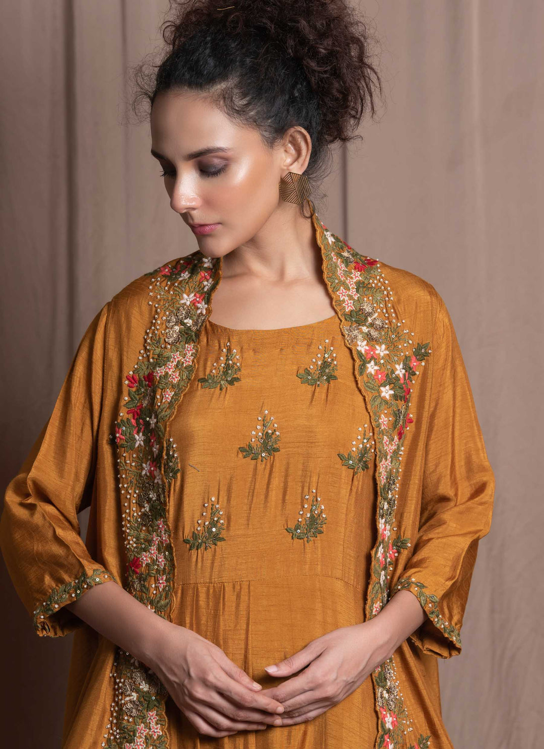 Mustard Cowl Drape Dress With Jacket Close