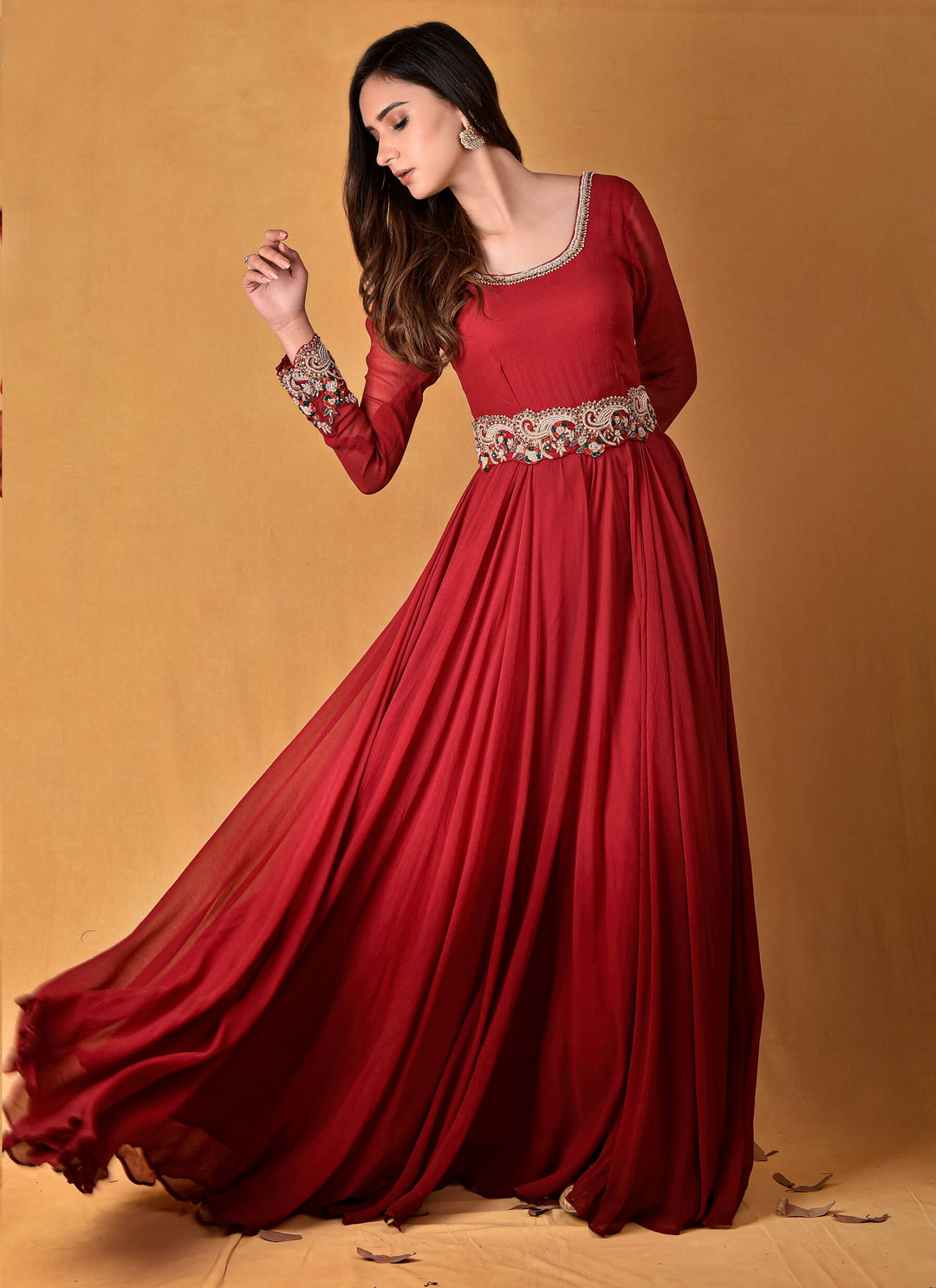Ombre Deep Red Chiffon Gown With Belt & Dupatta