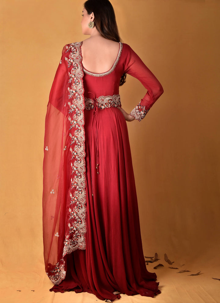 Ombre Deep Red Chiffon Gown With Belt & Dupatta