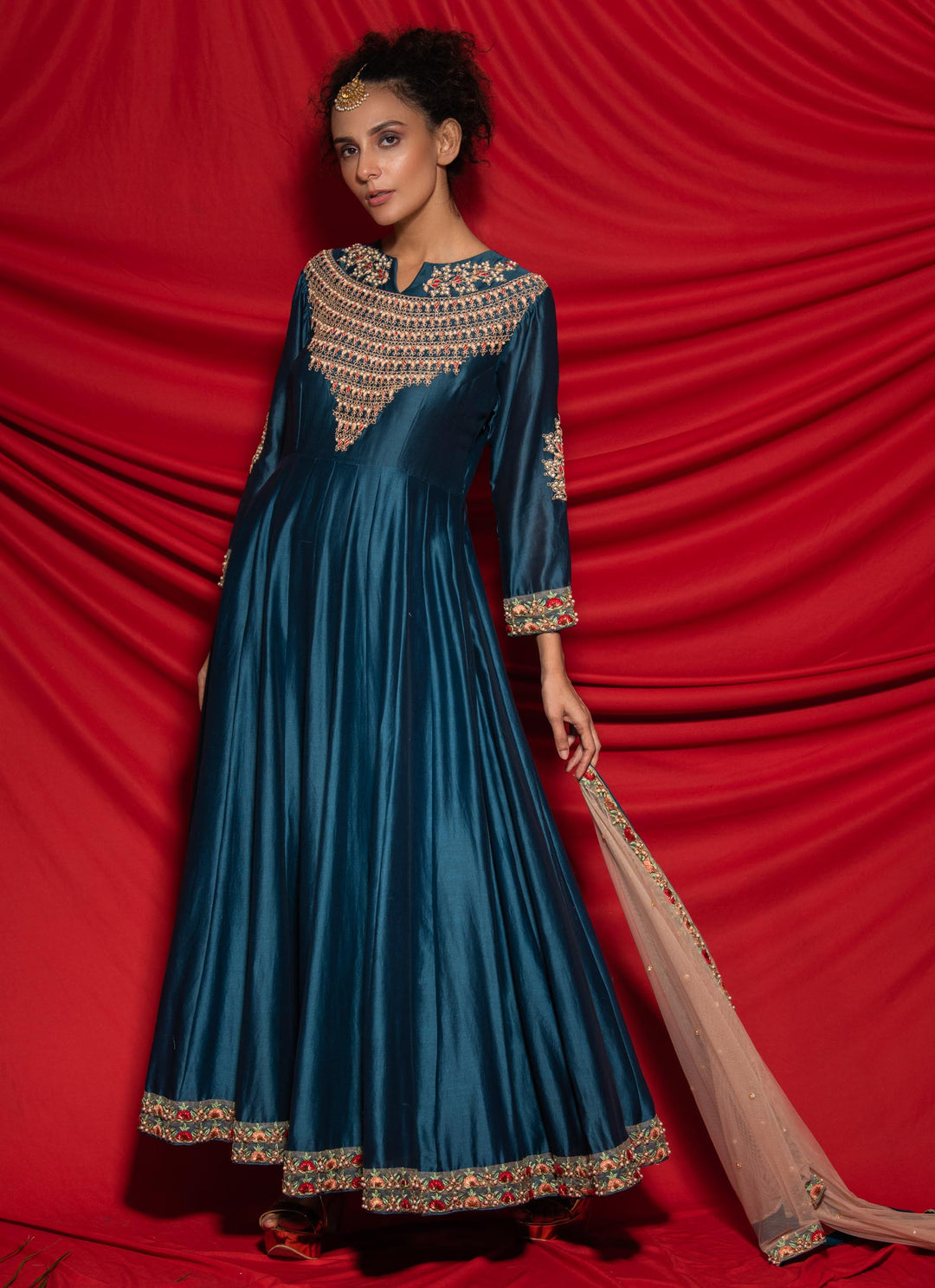 Royal Blue Anarkali With Dupatta front