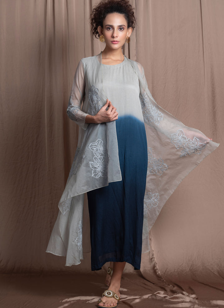 Shaded Dress With Organza Jacket Embroidery