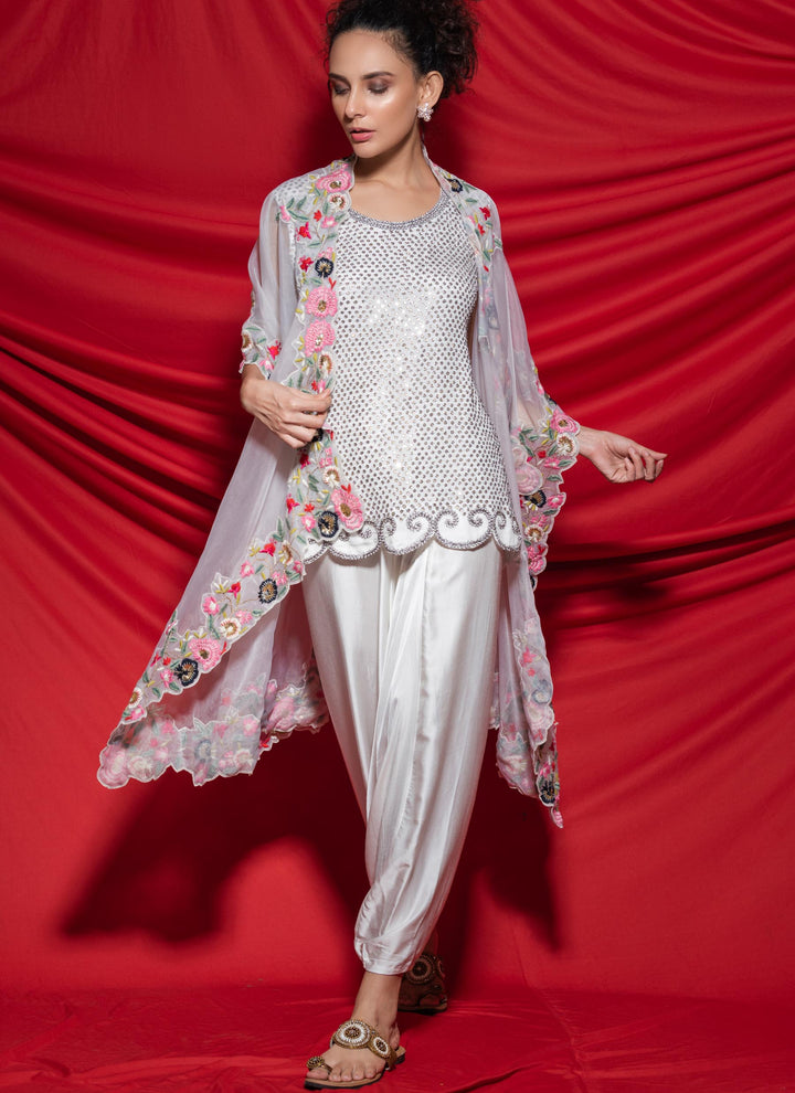 White Floral Cape Dress Full