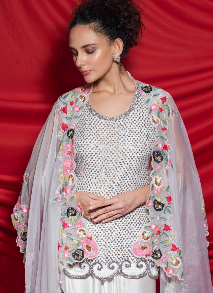 White Floral Cape Dress Close