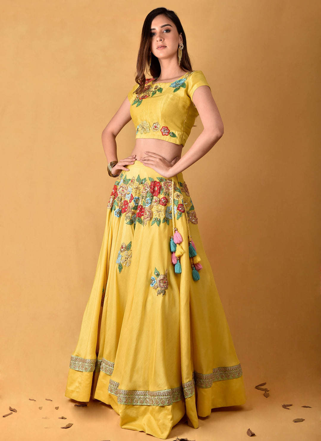 Yellow Floral Lehenga with Cape