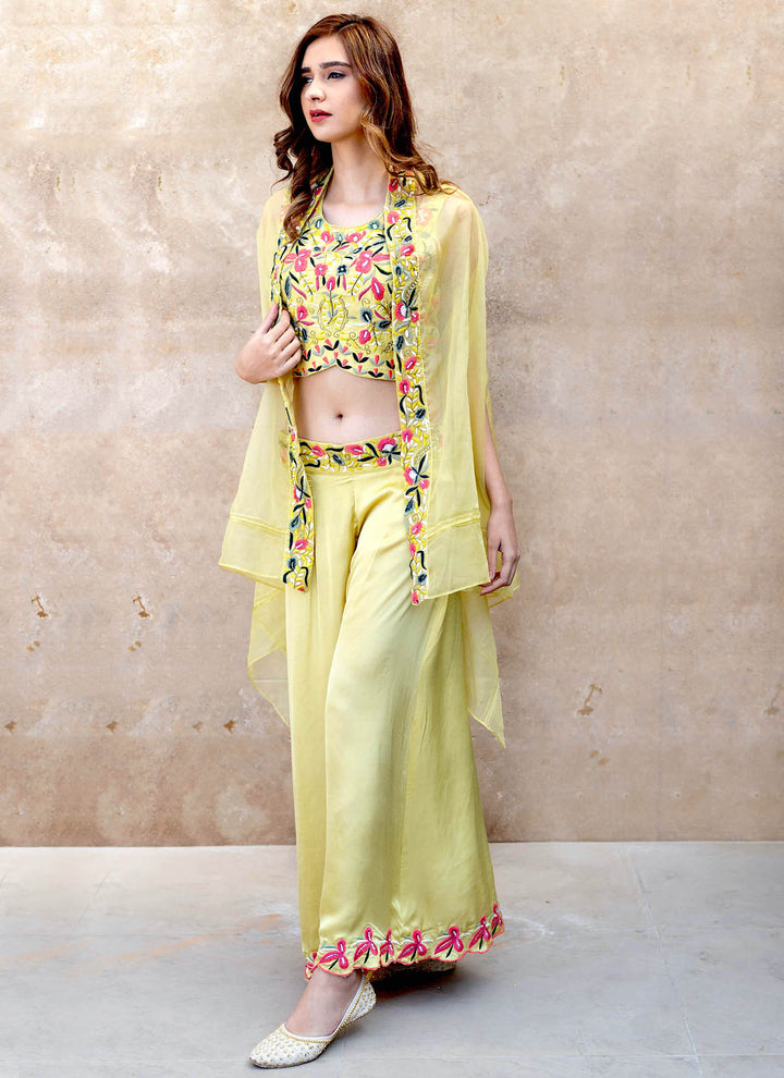 Yellow Palazzo Crop Top And Cape Jacket Set