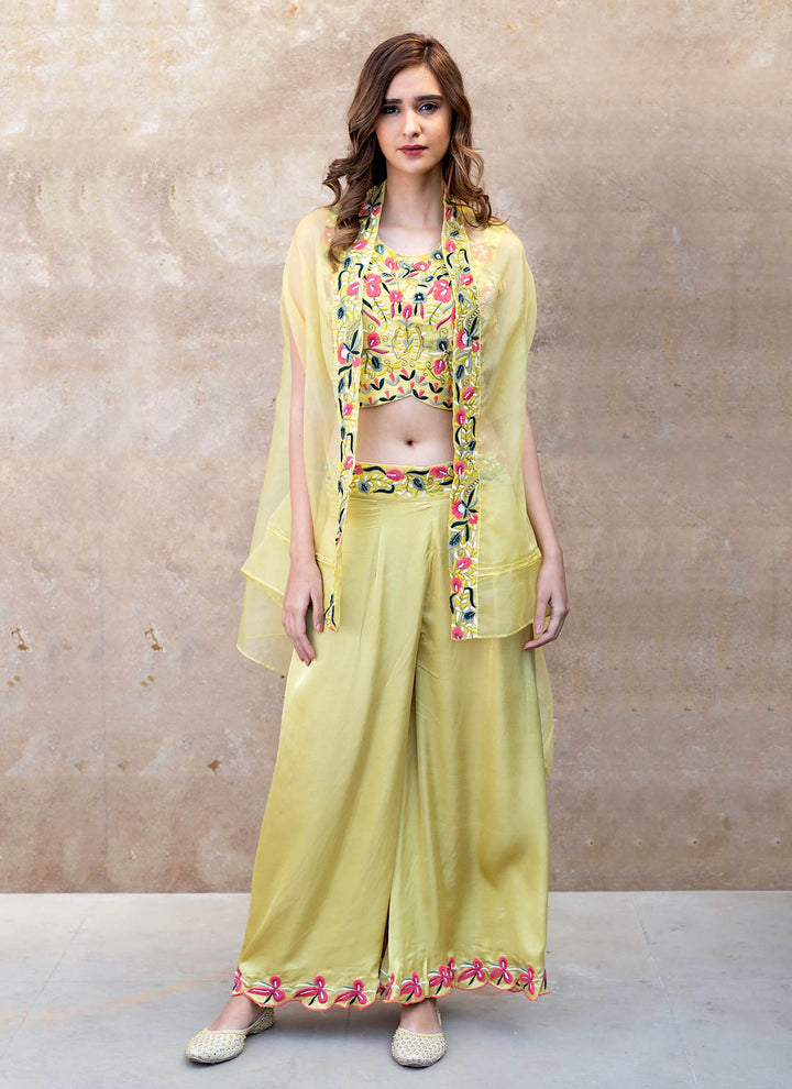 Yellow Palazzo Crop Top And Cape Jacket Set Standing