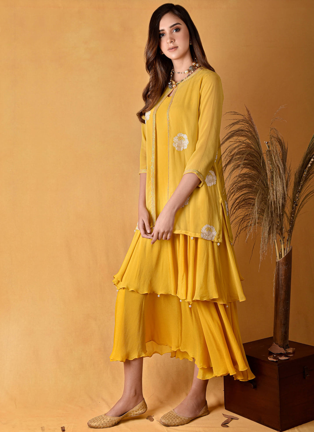 Yellow Tiered Dress With Embroidered Jacket