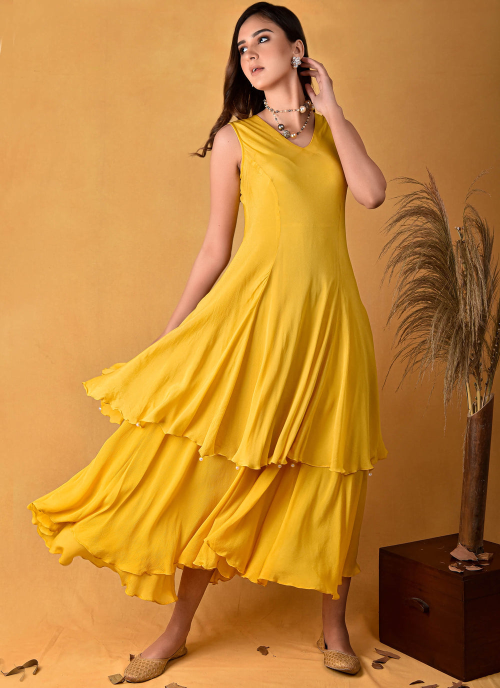 Yellow Tiered Dress With Embroidered Jacket