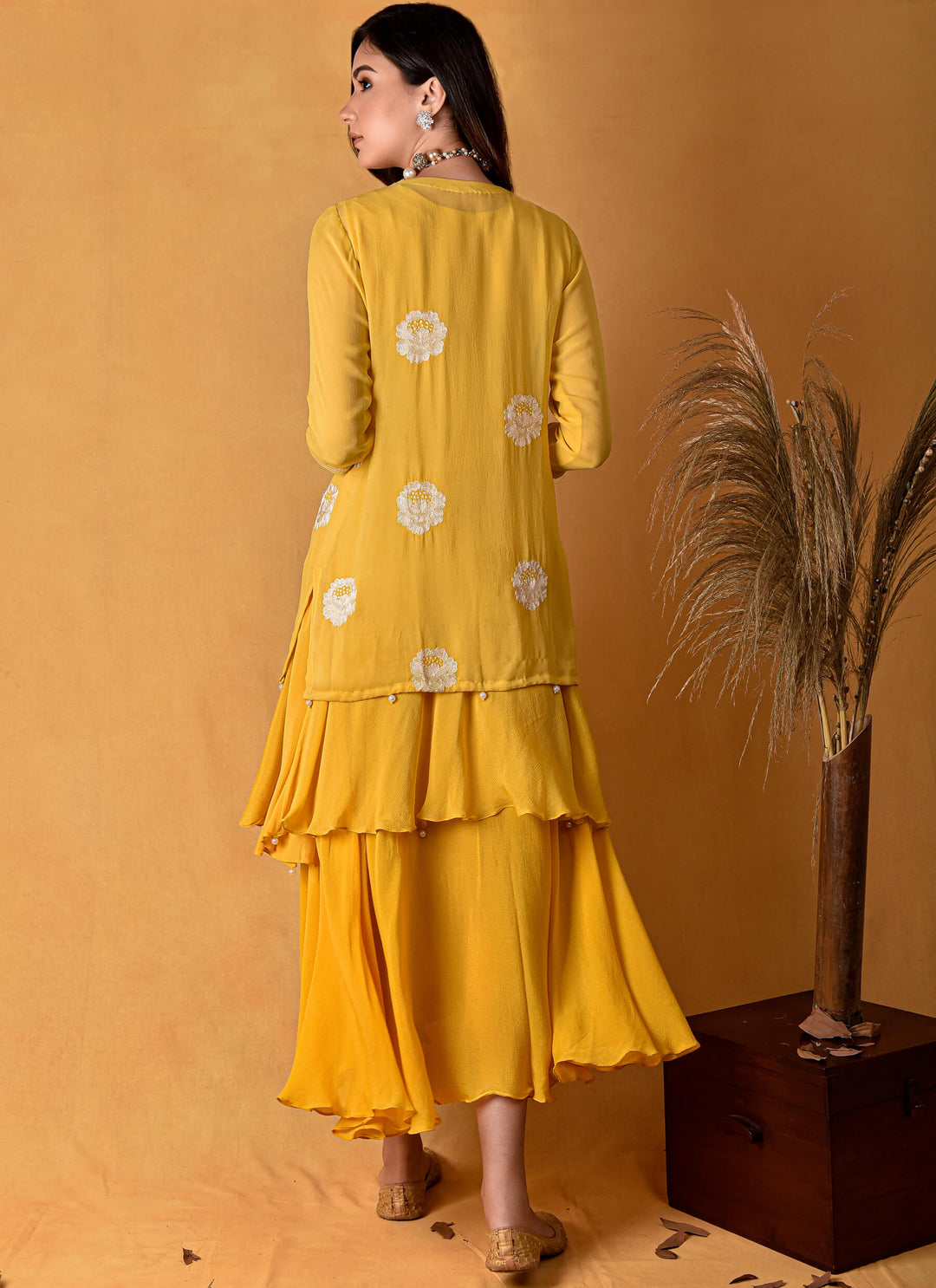 Yellow Tiered Dress With Embroidered Jacket