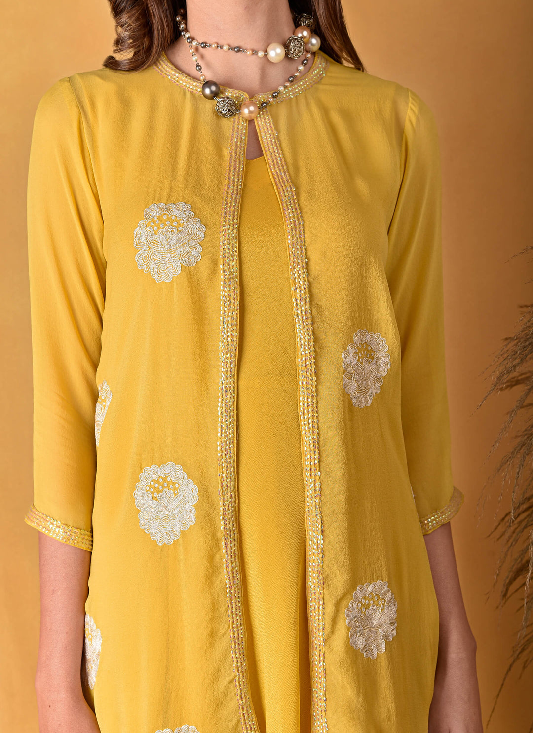 Yellow Tiered Dress With Embroidered Jacket