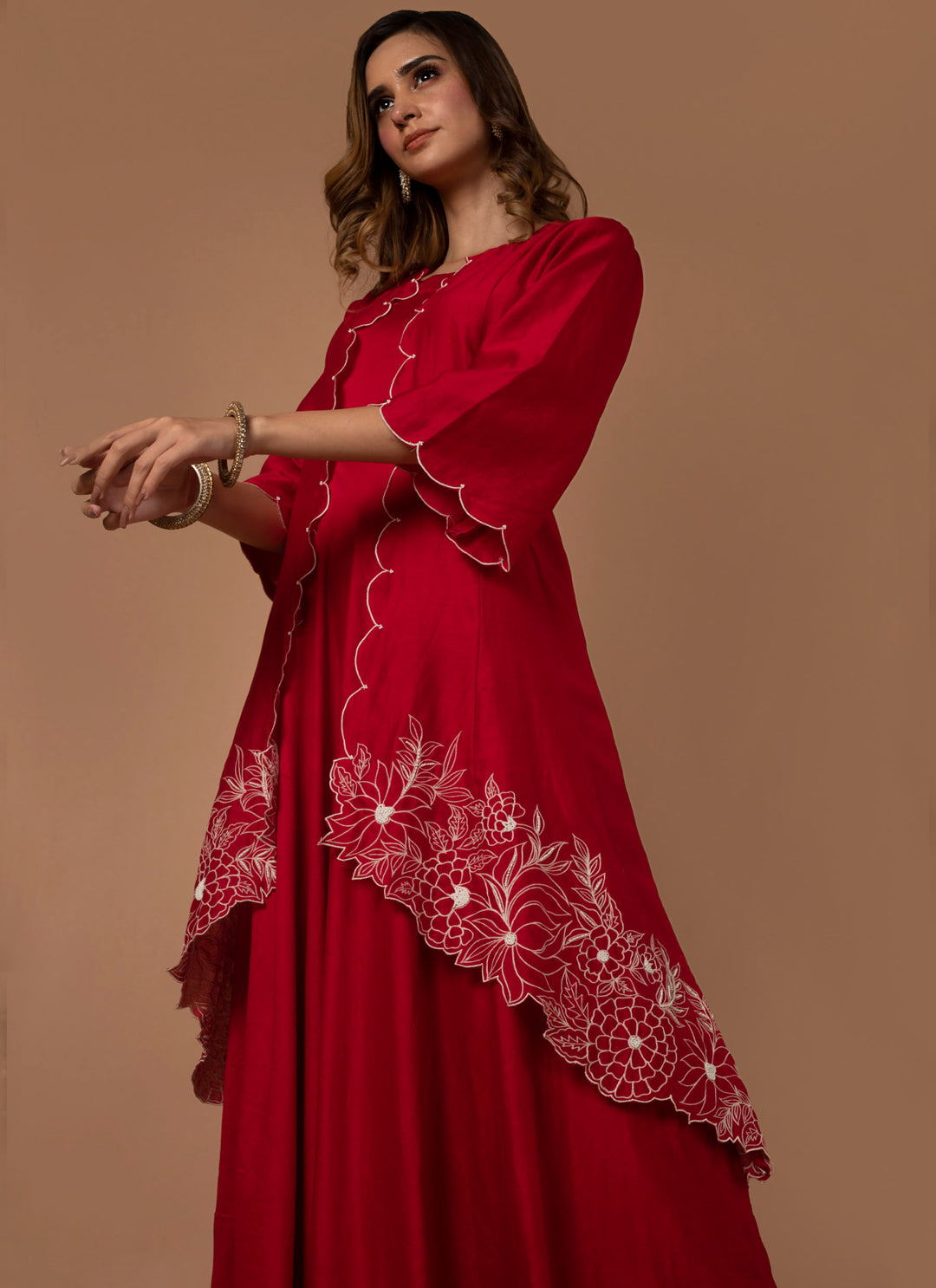 Red Chanderi Gown With Embroidered Jacket