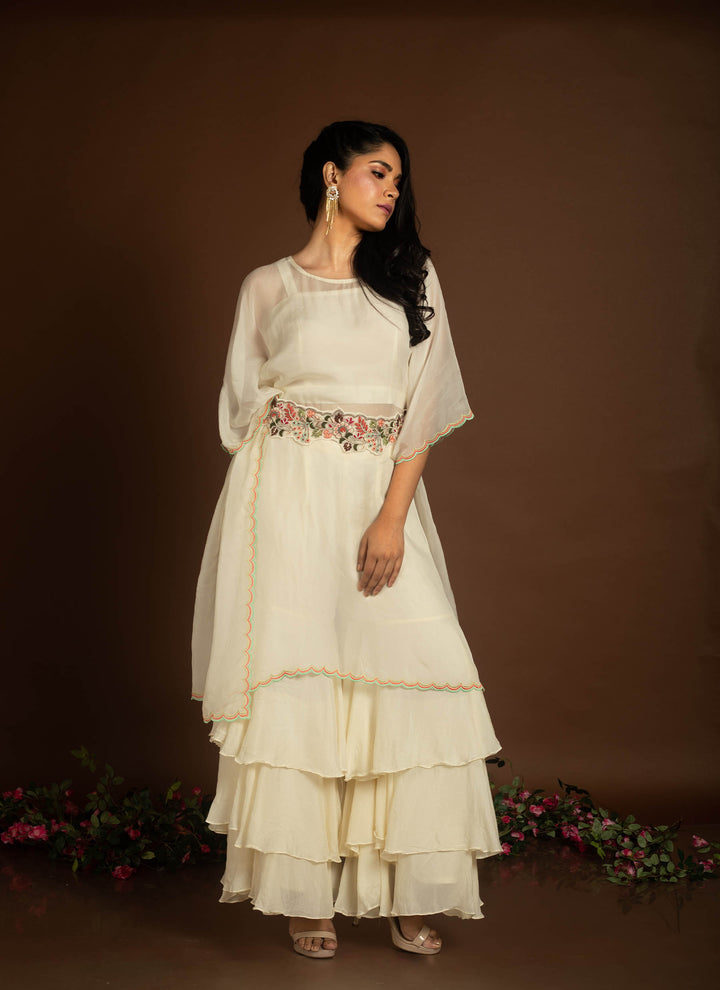 Ivory white kaftan dress with layered sharara and embroidered belt