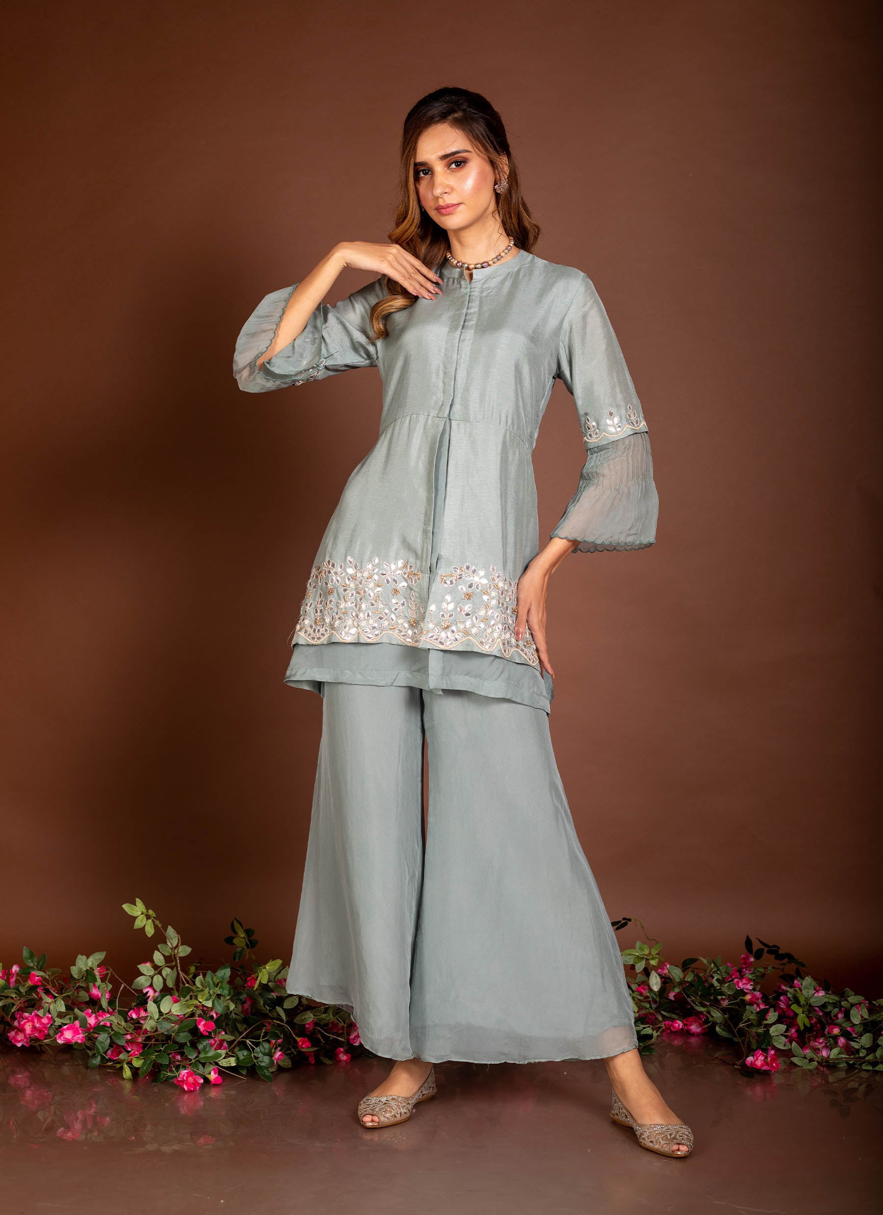 RHEA -Kaftan Top with Sharara Pants In Silk Georgette With Hand Embroi –  Sajeda Lehry Design Studio