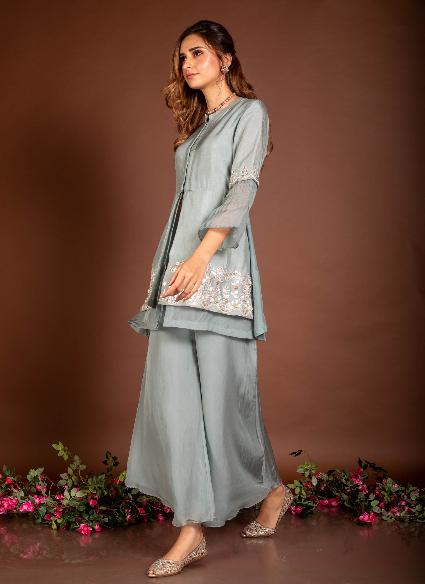 Turquoise Blue Embroidered Kurta With Sharara Pants Design by Prisha's at  Pernia's Pop Up Shop 2024
