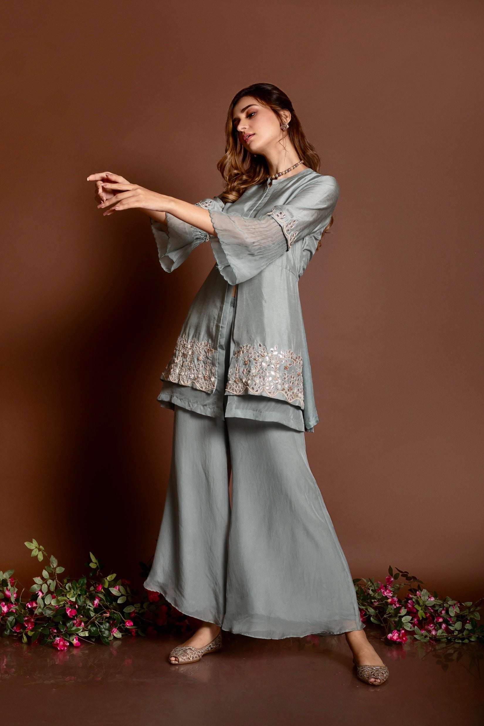 Buy off shoulder cape with embroidered sharara pants by Designer Shruti  Sancheti Online at Ogaan.com