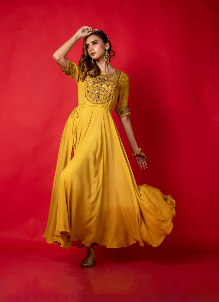 Yellow ombre chinon flared gown with belt