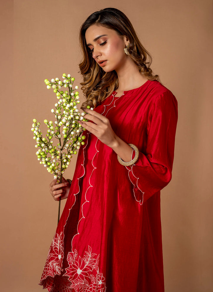 Red Chanderi Gown With Embroidered Jacket