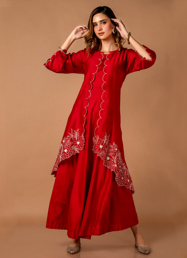Red Chanderi Gown With Embroidered Jacket