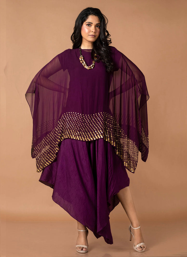 Purple Coin Cape With Silk Dress