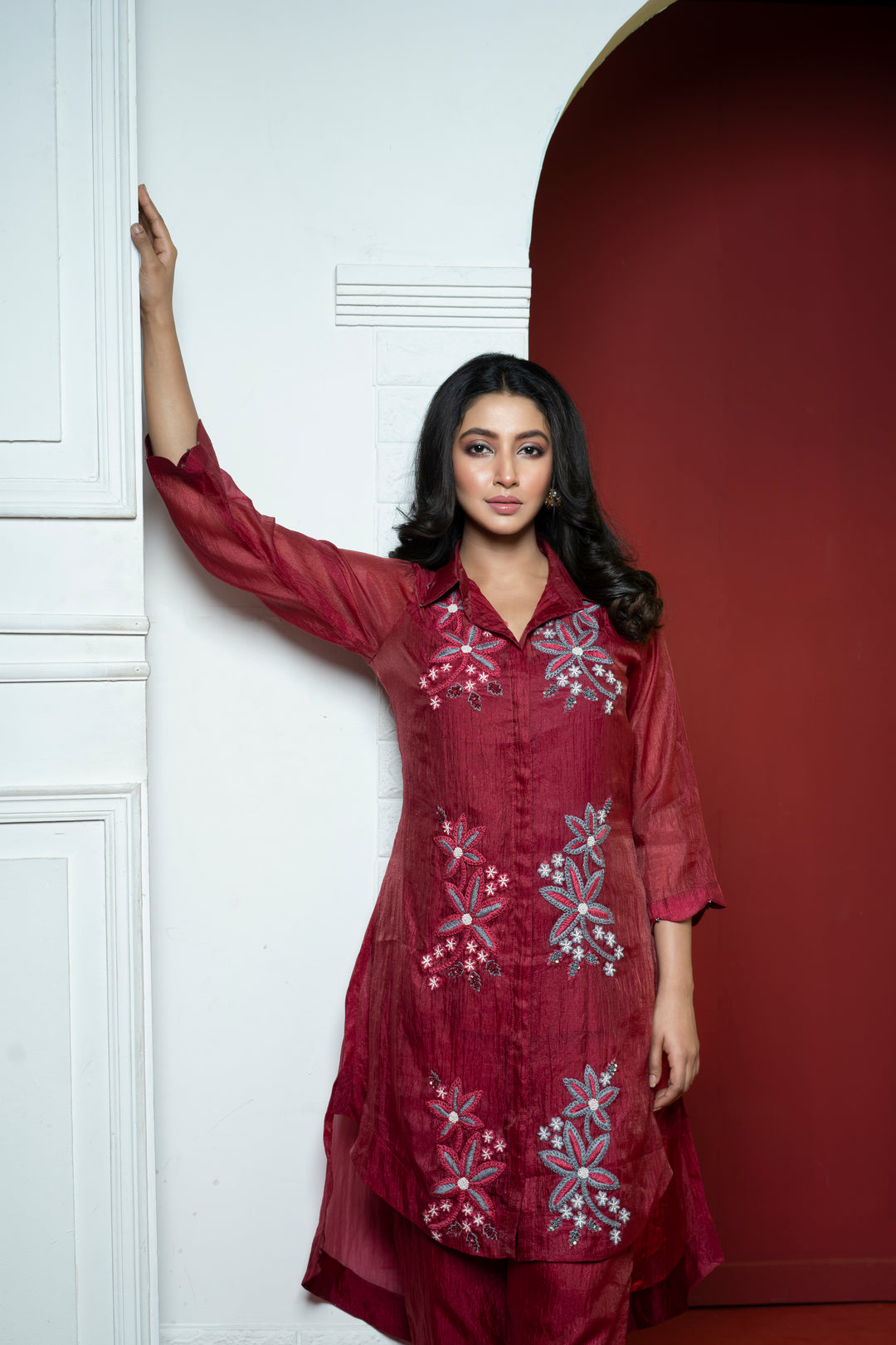 Maroon Floral Hand Embroidered Tissue Tunic With Pants