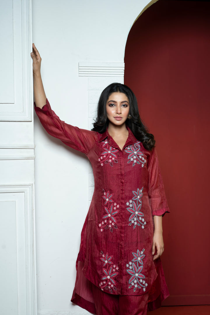 Maroon Floral Hand Embroidered Tissue Tunic With Pants