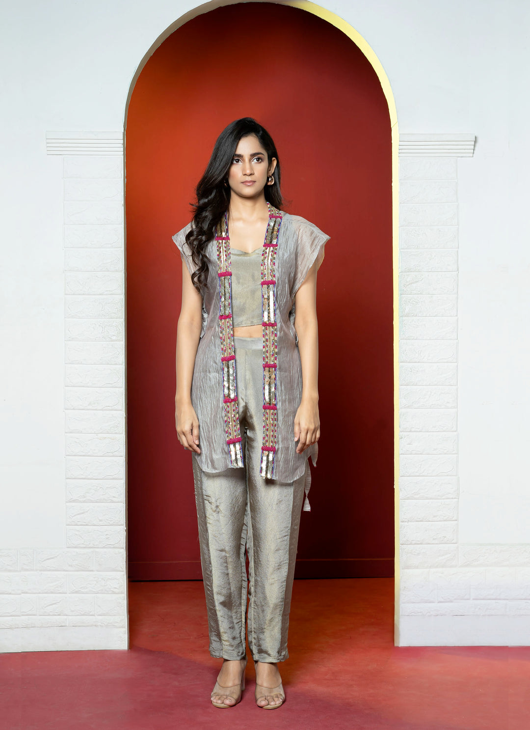 Grey Open Jacket Hand Embroidered Tissue Co-ord Set