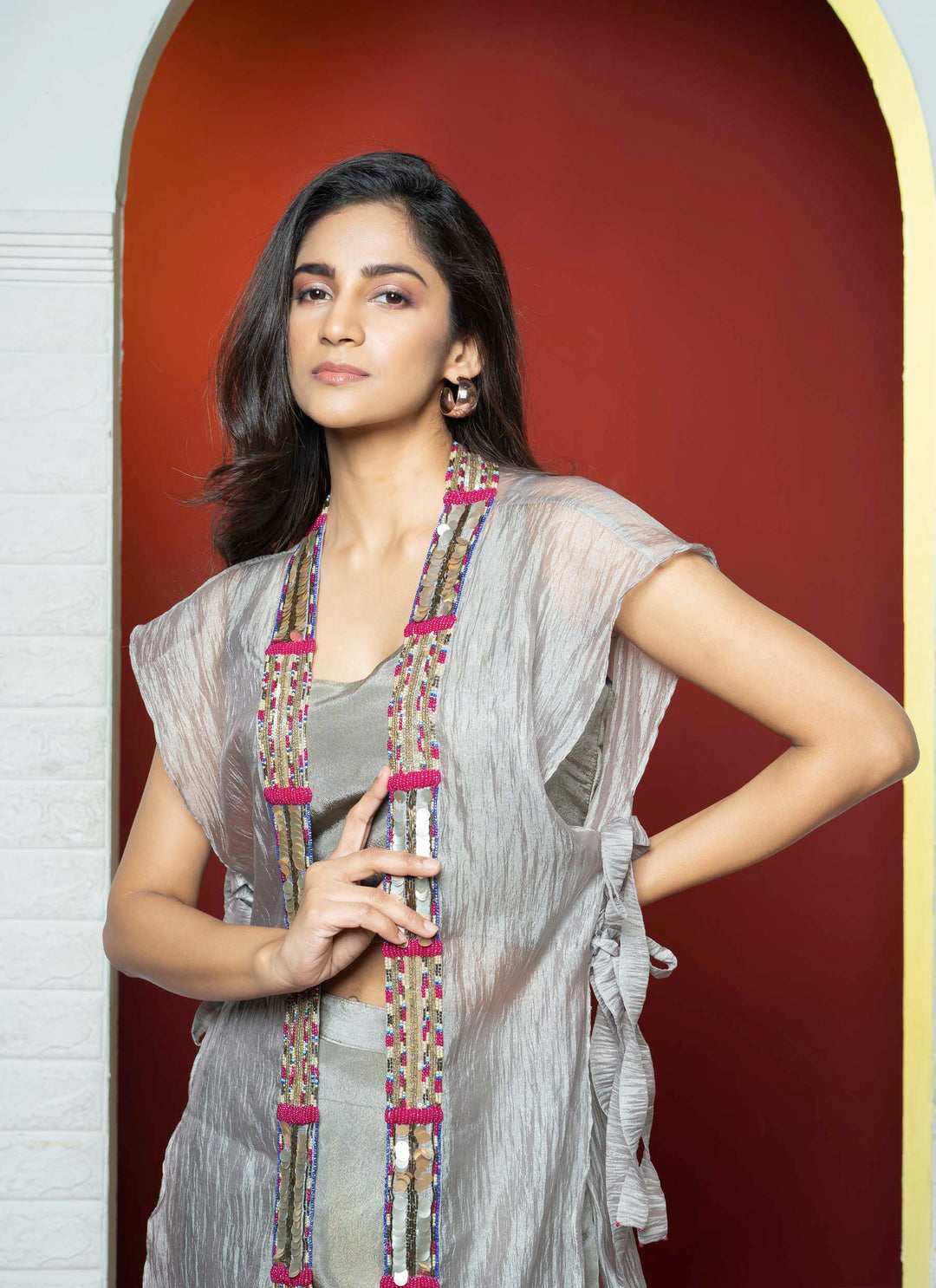 Grey Open Jacket Hand Embroidered Tissue Co-ord Set