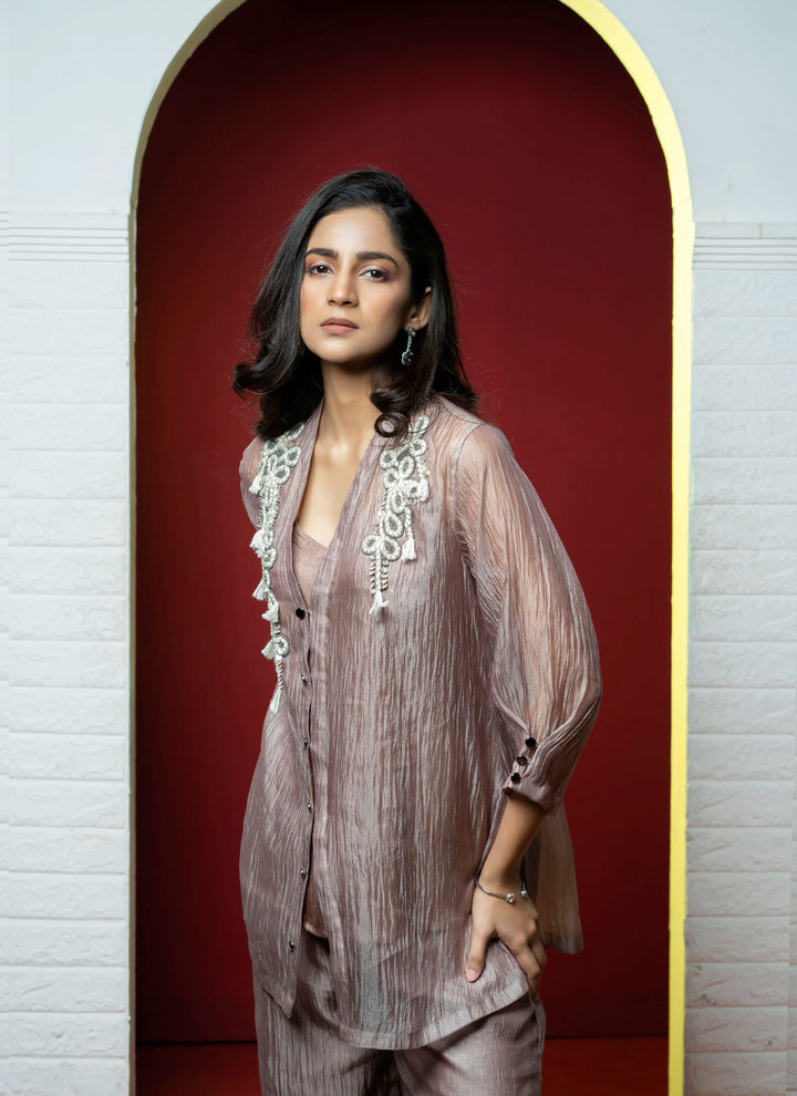 Champagne Tissue Co-ord Set with Ropework Embellishment