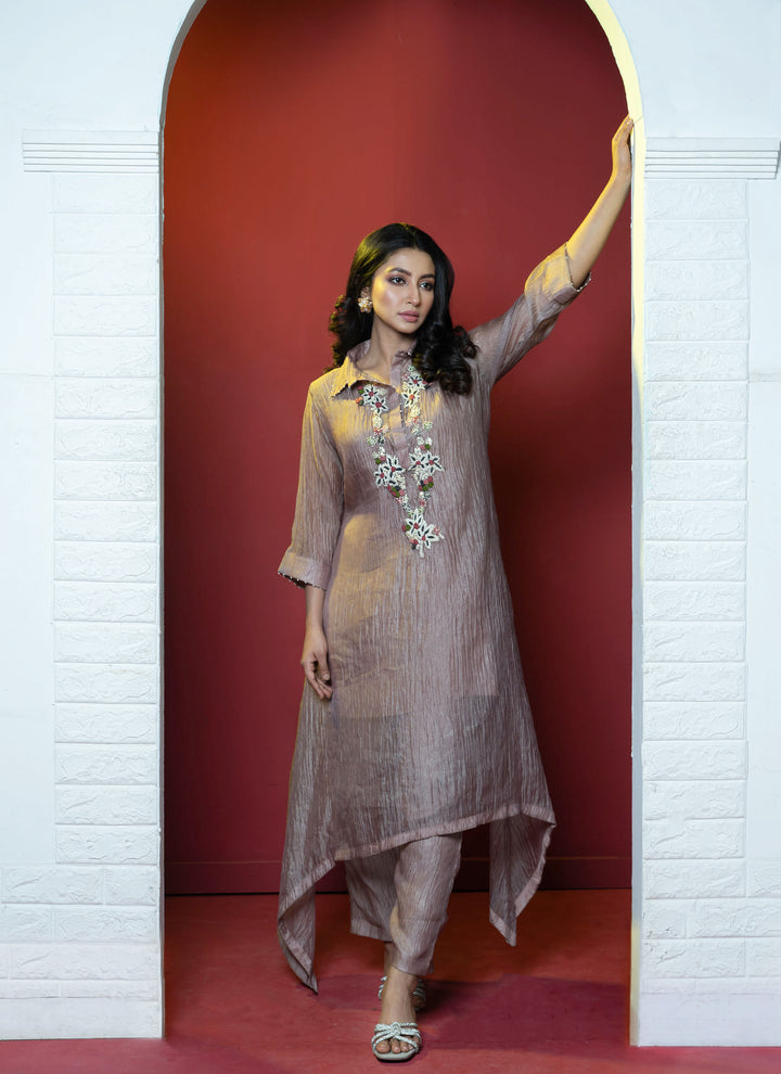 Champagne A-Line Hand Embroidered Tissue Tunic With Pants