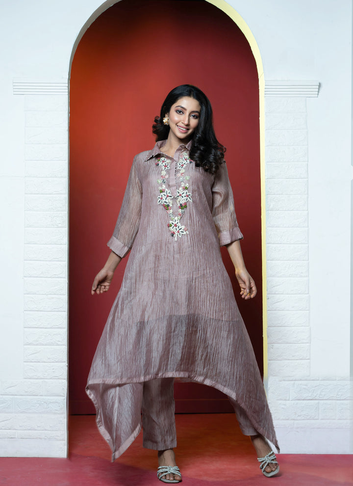 Champagne A-Line Hand Embroidered Tissue Tunic With Pants