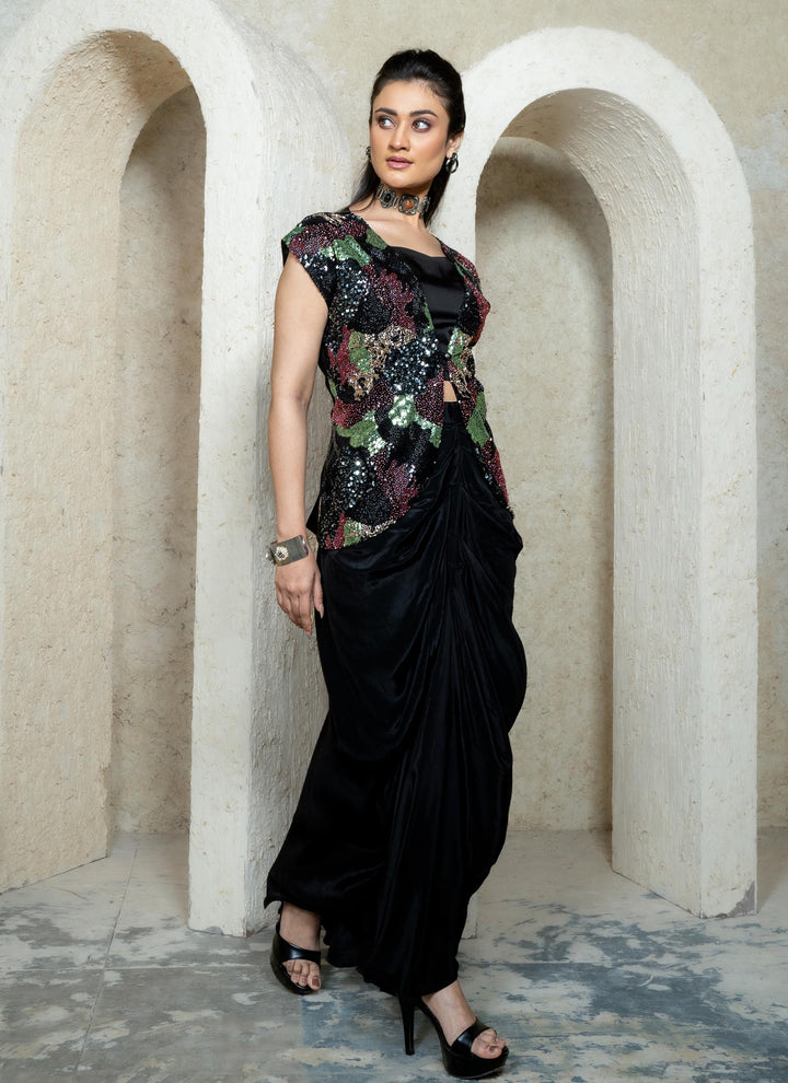 Black Embroidered Open Jacket with Drape Skirt