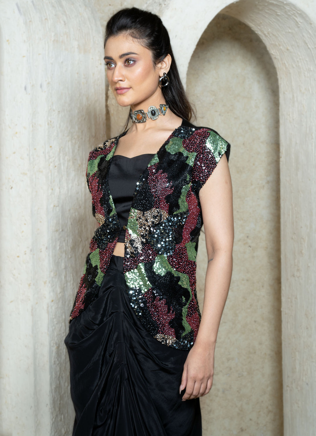 Black Embroidered Open Jacket with Drape Skirt