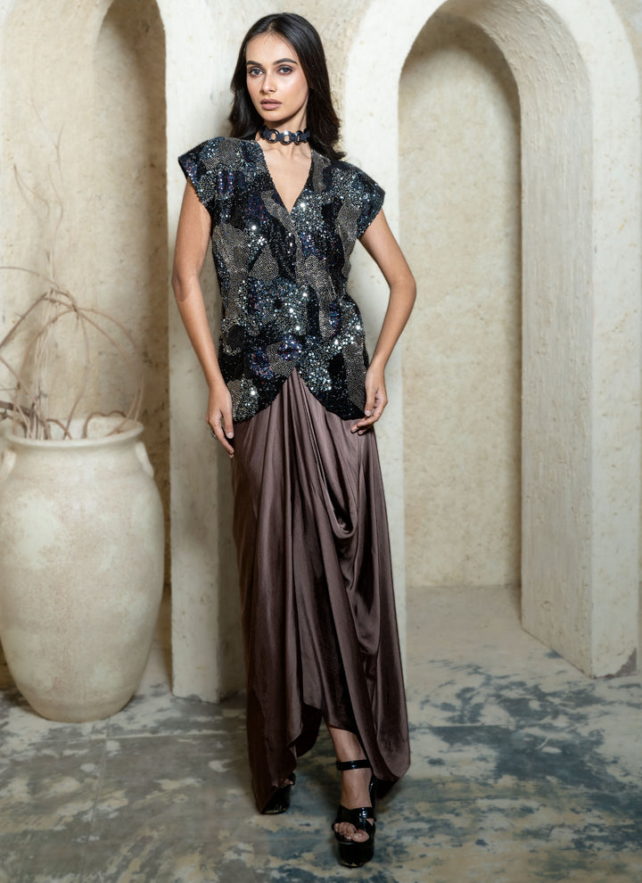 Black Embroidered Jacket with Drape Skirt