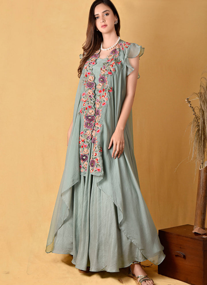 Green Gown With Embroidered Jacket