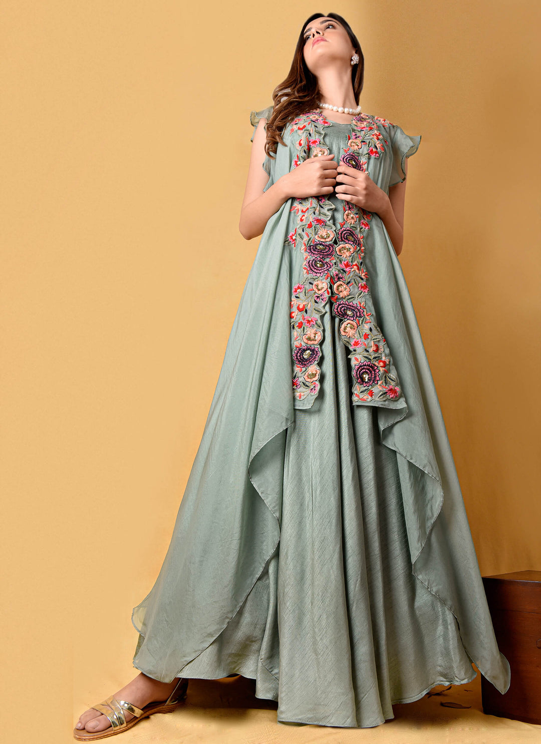 Green Gown With Embroidered Jacket