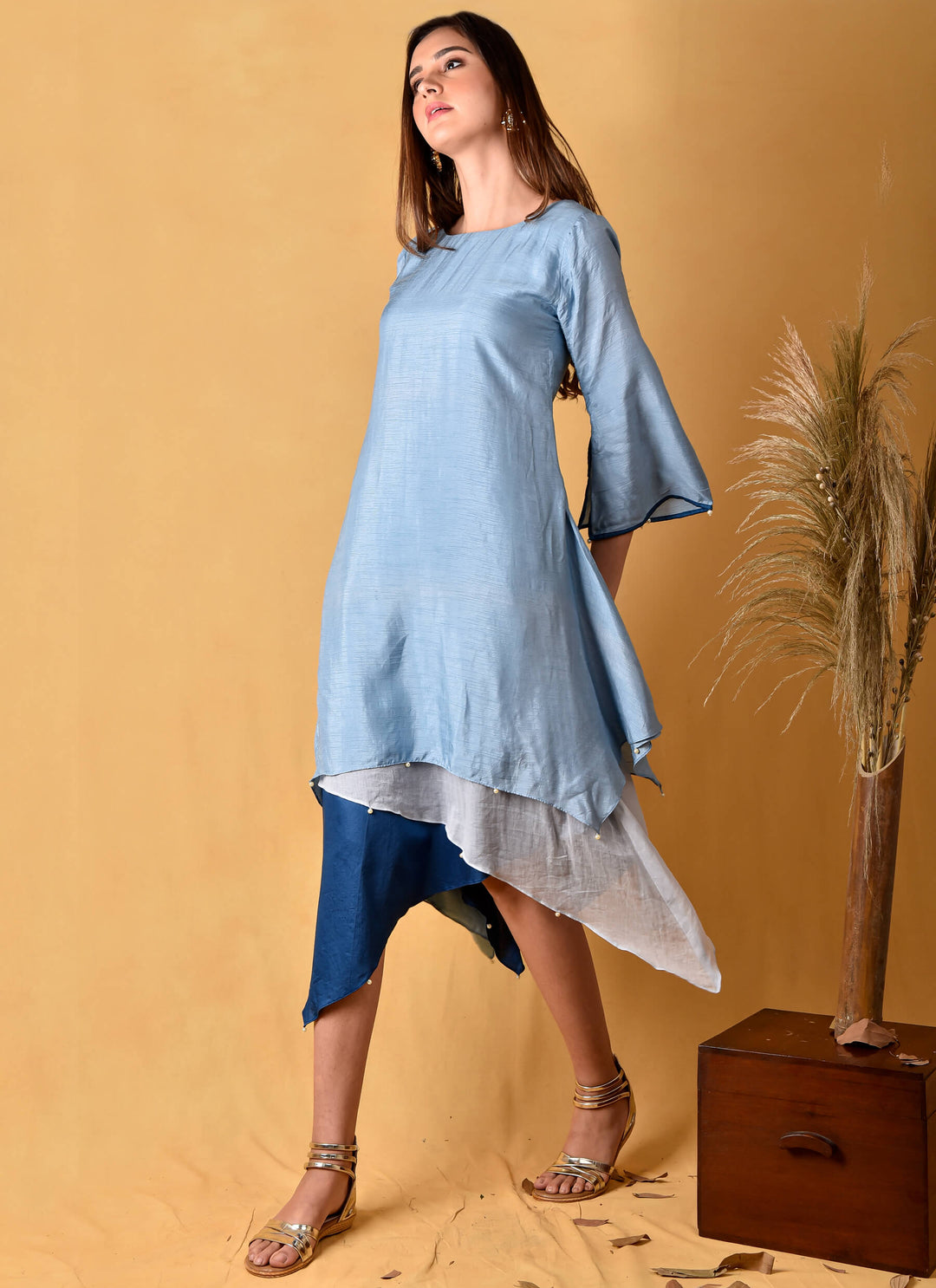 Blue Layered Dress With Stole