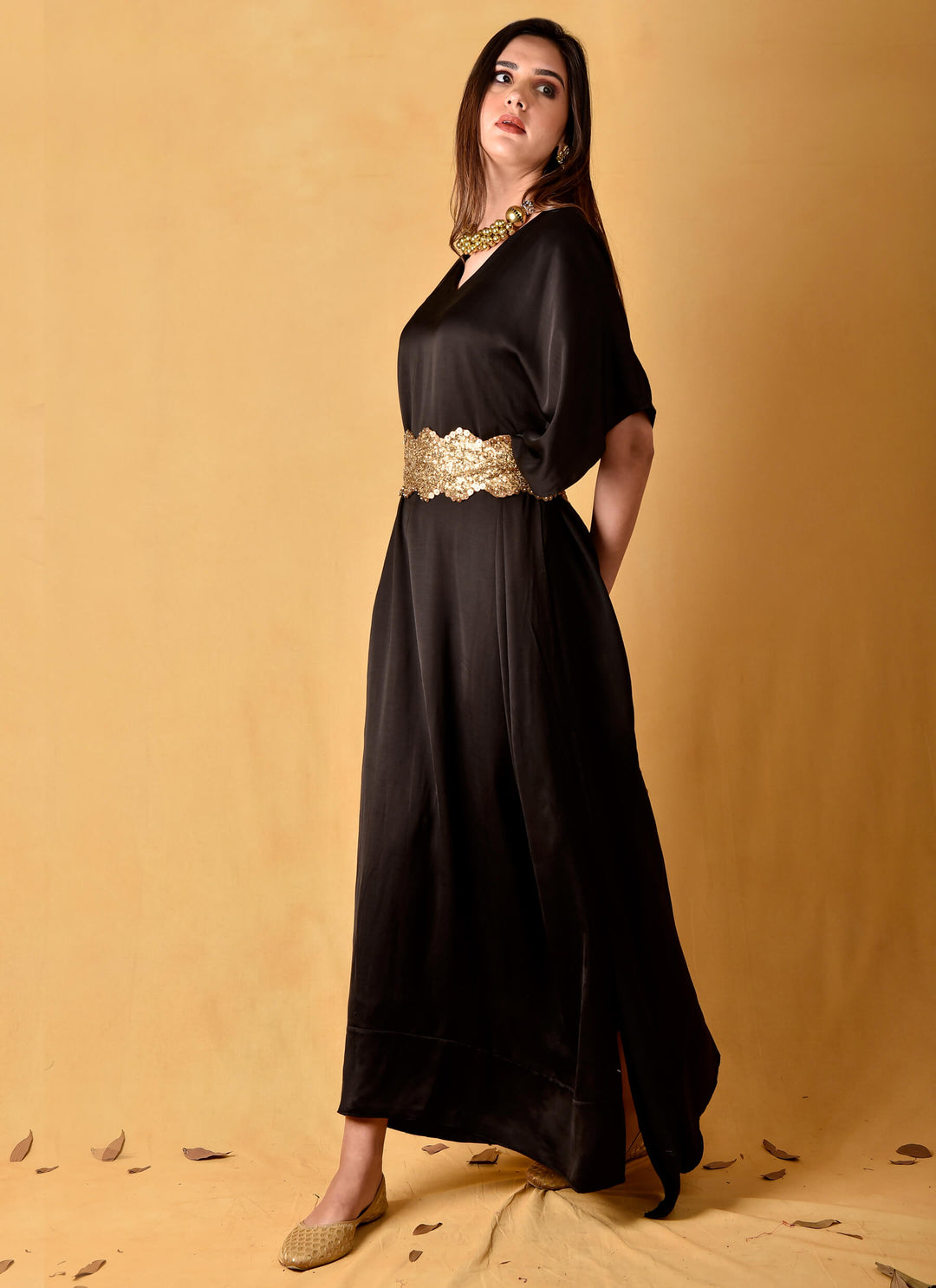 Black Satin Kaftan Dress With Belt