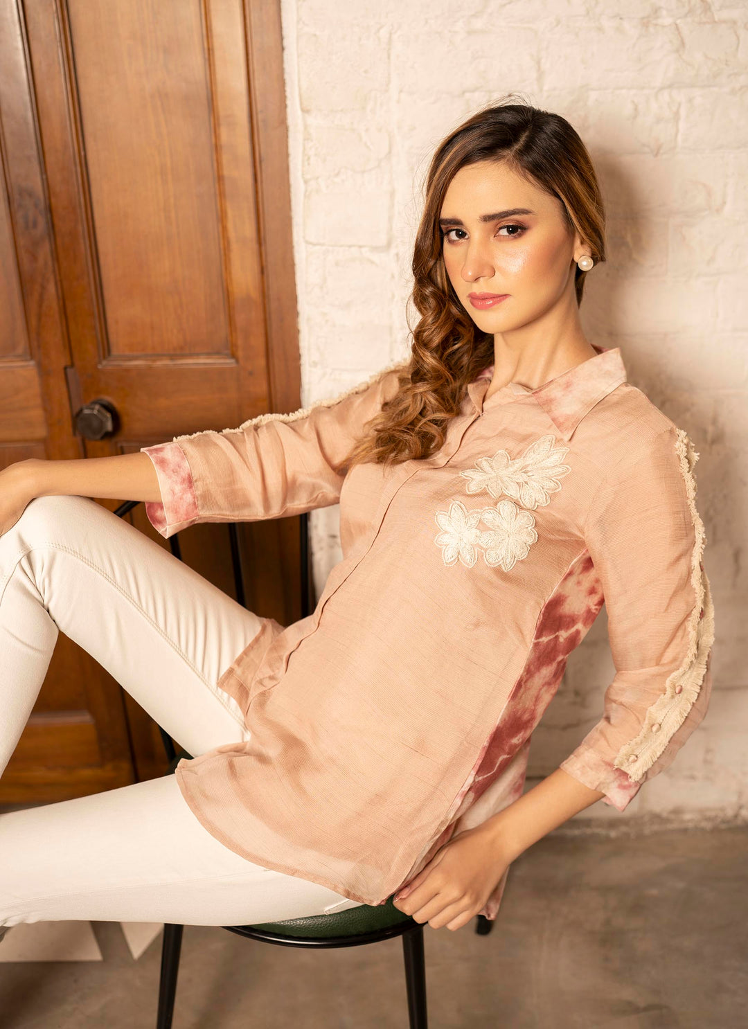 Peach Bomb Dye Shirt With Embroidered Flowers - 3