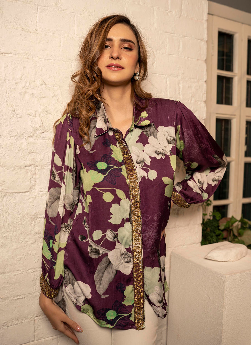 Purple floral printed shirt with sequins and tubework - 2