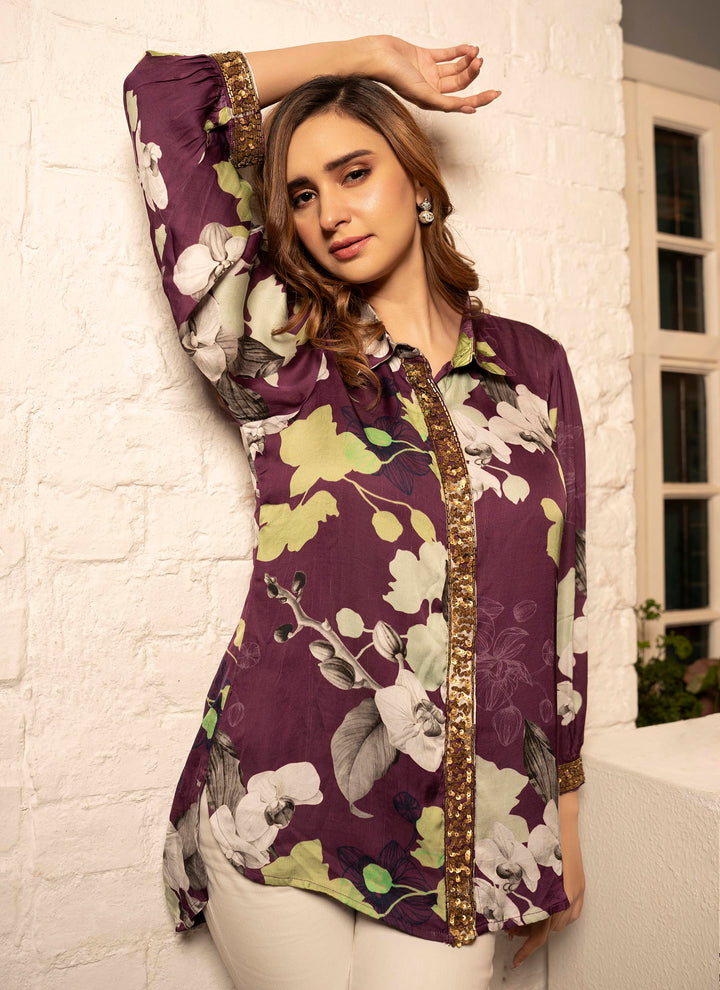 Purple floral printed shirt with sequins and tubework - 3