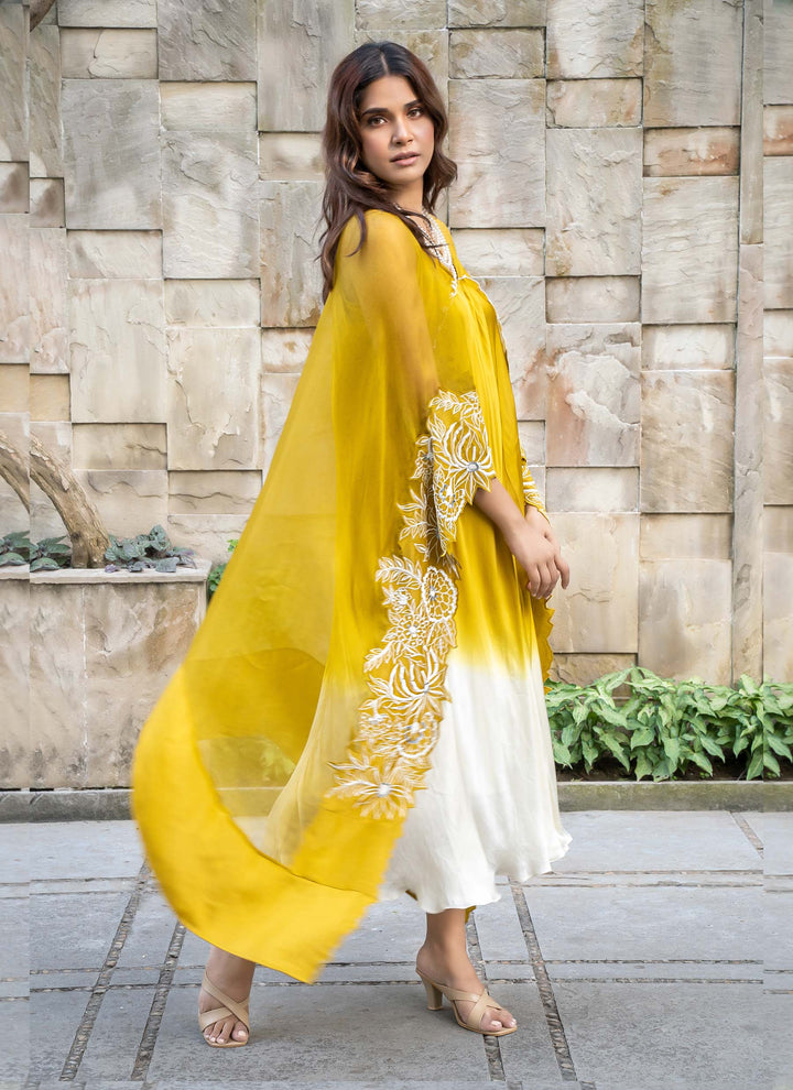 Ochre shaded dress with attached cape - 2