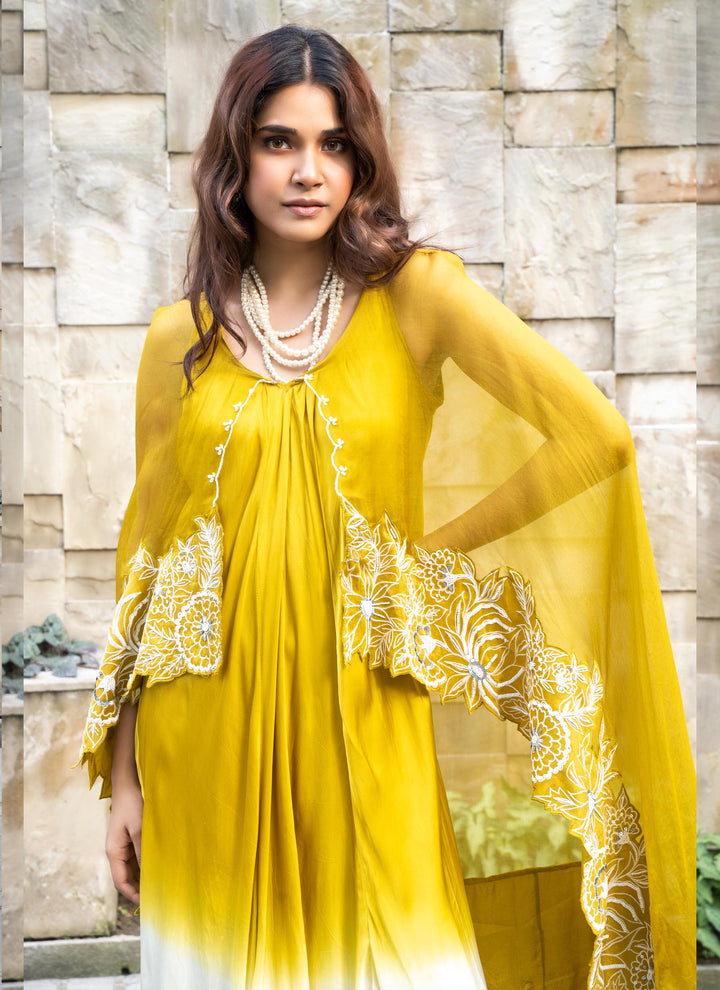 Ochre shaded dress with attached cape - 4