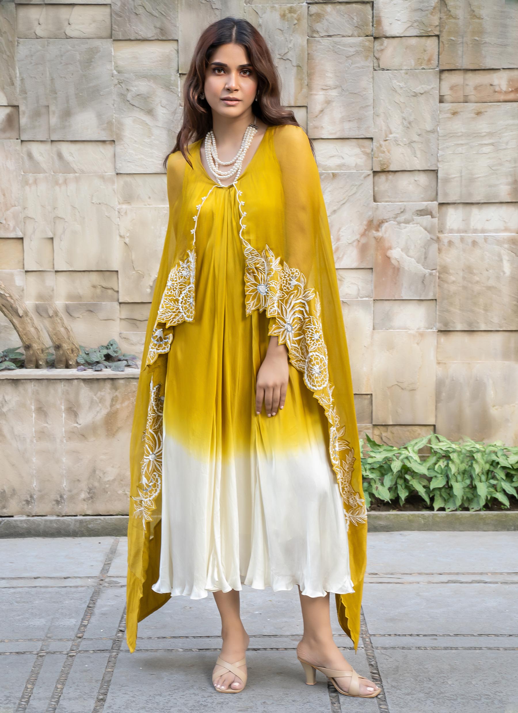 Ochre shaded dress with attached cape - 1