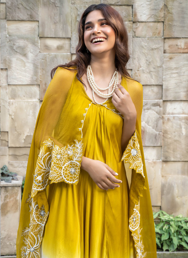 Ochre shaded dress with attached cape - 3