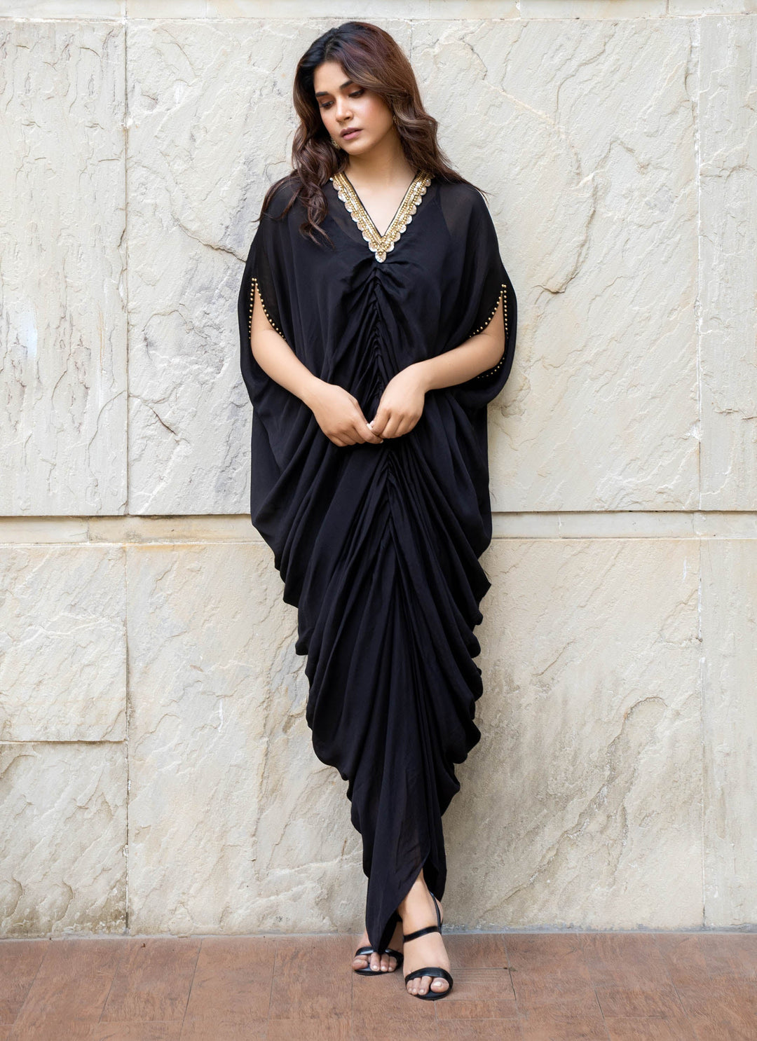 Black Embroidered Kaftan Pleated Dress - 1