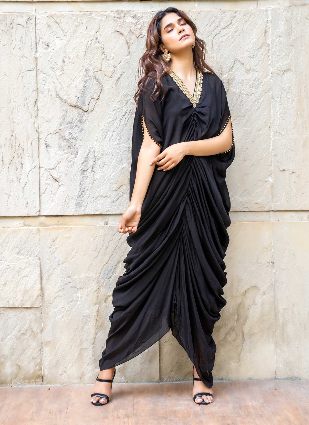 Black Embroidered Kaftan Pleated Dress - 2